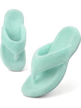 Women's Green Flip Flop Fuzzy Spa Thong Orthotic Open Toe Non-slip Sole Slippers